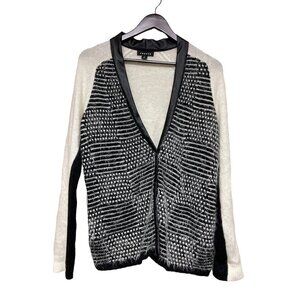 Trouve White Black Angora Faux Leather Trim Cardigan Sweater Women's Size Medium
